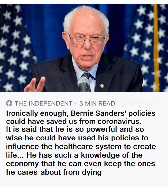 The meme is a screenshot of a news article with a photo of Bernie Sanders, a US politician, with a caption that reads: "Bernie Sanders: I'm not going to die in the woods and be eaten by wolves. I am going to have a stroke and die in a hospital with a doctor saying 'I told you I was going to die in the hospital'." The article is from "The Daily Mash" and is a satirical take on Sanders' age and health.